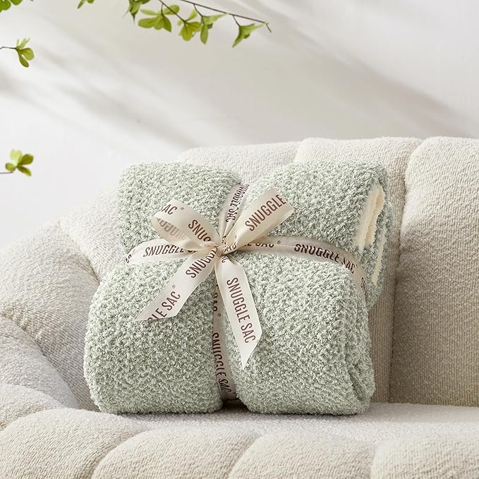 Snuggle Sac Heather Sage Green Blanket for Couch, Reversible Super Soft Knitted Blankets Warm Cozy Fuzzy Plush Throw Blankets for Sofa, Bed, Camping, Sage Green, 60x80 inches-Ruum Studio Home