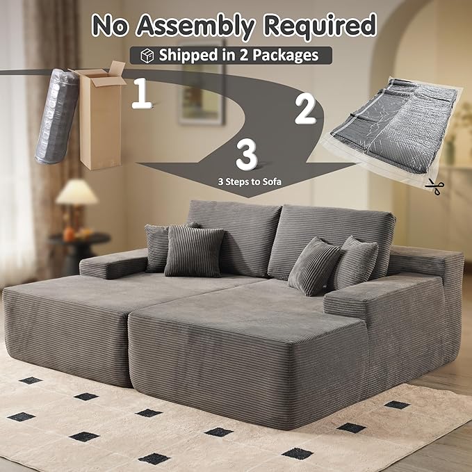 ovios 81" Oversized Sectional Double Lounge Chaise with Cloud Plush Sofa Bed, No Assembly Required, Fluffy Modern Sleeper Loveseat Chair for Indoor Living Room Bedroom Reading, Grey (Corduroy Fabric)-Ruum Studio Home
