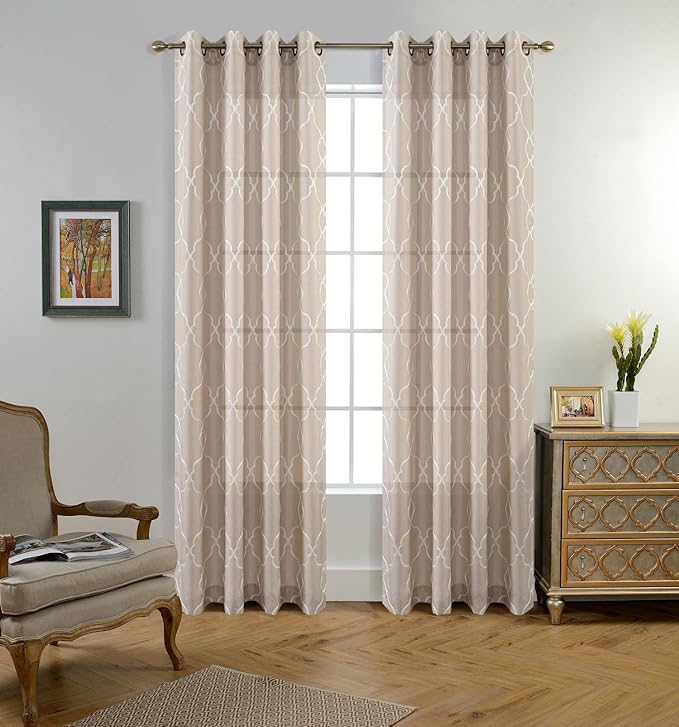 MIUCO Moroccan Embroidered Semi Sheer Curtains Faux Linen Grommet Window Drapes for Living Room 52 x 95 Inch 1 Pair Set, Linen-Ruum Studio Home