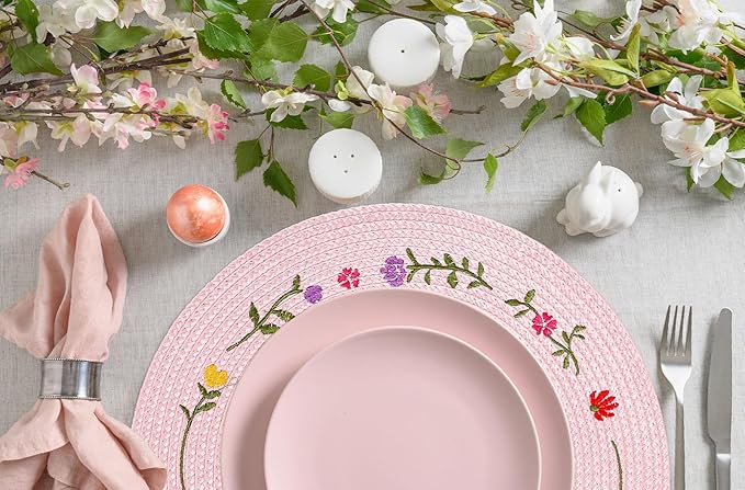 Whaline 4Pcs Round Placemats Spring Flower Embroidered Place Mats Pink Floral Dinner Table Mats for Home Holiday Wedding Bridal Baby Shower Birthday Party Decor-Ruum Studio Home