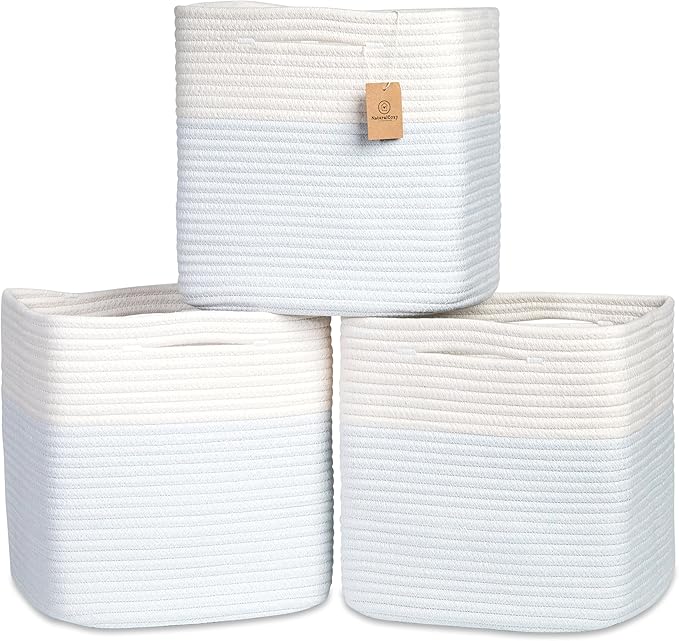 NaturalCozy 13 Inch Cube Storage Bins Cotton Rope Woven Baskets for Organizing 3-Pack | 13 x 13 Storage Cubes | Fabric Square Storage Baskets for Shelves Organizer, Kids Toy Bins, Closet Baby Nursery-Ruum Studio Home
