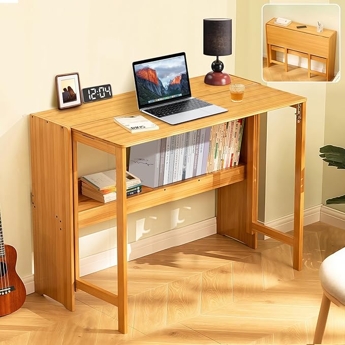39.37" Bamboo Folding Desk,Space-Saving Computer Desk for Small Spaces, Foldable Study Table for Bedroom, Home Office, Dorm, Apartment (Natural)-Ruum Studio Home