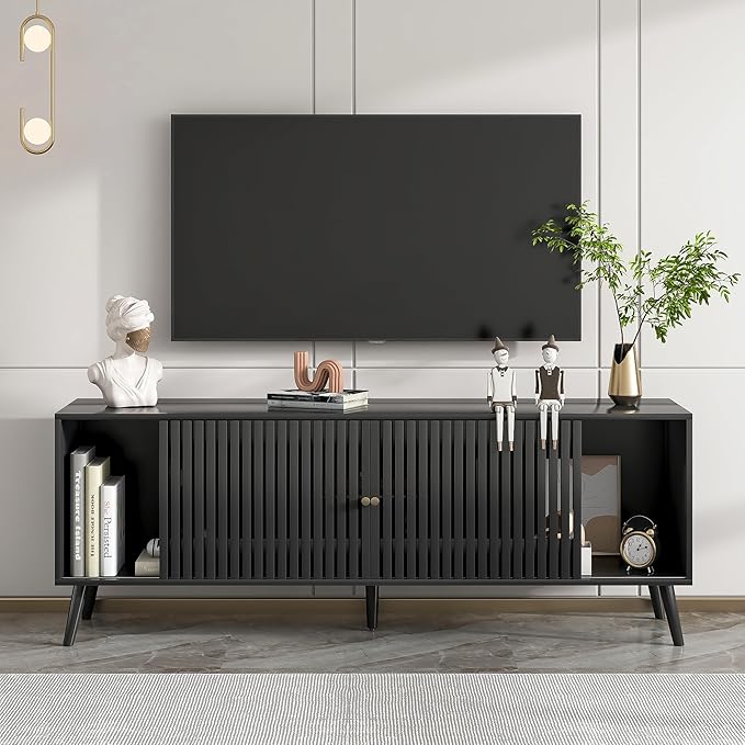 Mid Century Modern TV Stand for Televisions up to 70 Inches, with Sliding Doors and Storage, Television Stands, TV Consoles, Media Consoles for Living Room, 63 Inch (Black)-Ruum Studio Home