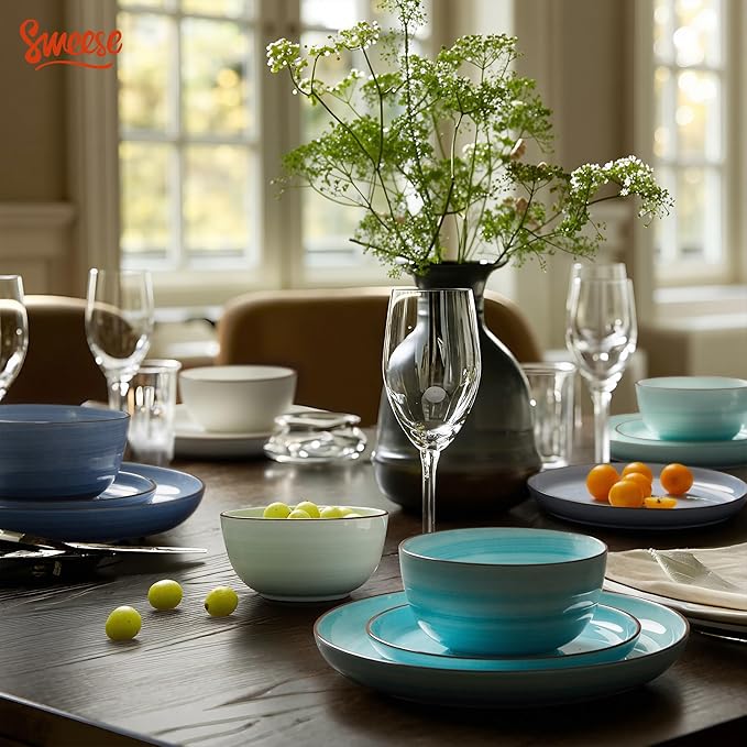 Sweese Plates and Bowls Sets, 18 Piece Dinnerware Set Porcelain Round Dinner Set for 6, Scratch Resistant Dishes Set, Dishwasher and Oven Microwave Safe Handpainted Swirl Dishware Sets, Assorted Blue-Ruum Studio Home