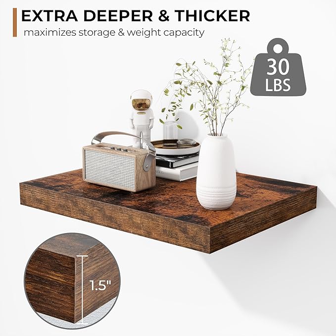 Fun Memories Floating Shelves - 2 Pack 12 Inch Deep Rustic Wooden Wall Shelves - Extra Deeper & Thicker Wall Mounted Storage Shelf for Living Room, Kitchen, Farmhouse - 16" W x 12" D x 1.5" H - Brown-Ruum Studio Home