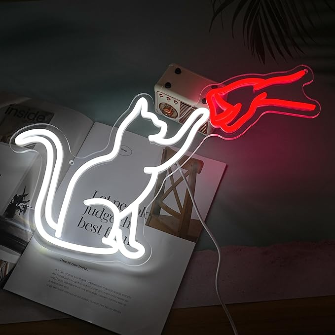 LISIGNVE Cat Handshake Neon Sign Human Beings and Animals Neon Light for Wall USB Light Up Sign Cat Led Sign for Pet Shop Bedroom School Museum Zoo (16.5”*12.6”)-Ruum Studio Home