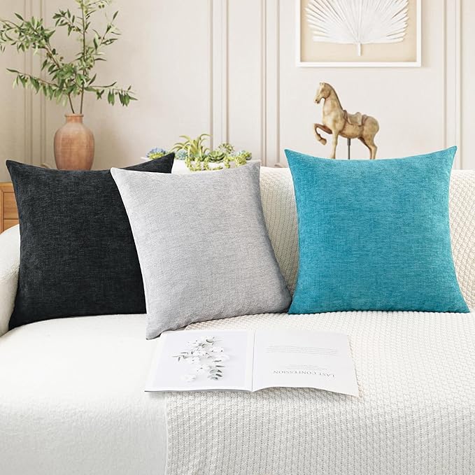 CaliTime Throw Pillow Covers Decorative 18 X 18 Inches Pack of 4 Cozy Chenille Cushion Cases for Couch Sofa Bed Living Room Home Lake Blue-Ruum Studio Home