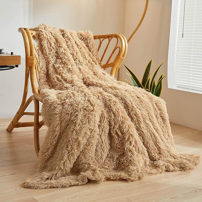 XeGe Plush Faux Fur Throw Blanket, Camel Luxurious 50x60 Shaggy Furry Blanket, Fluffy Microfiber Velvet Couch Throw, Ultra Soft Fuzzy Office Throw, Winter Fall Lap Blanket for Sofa Bed Camel-Ruum Studio Home