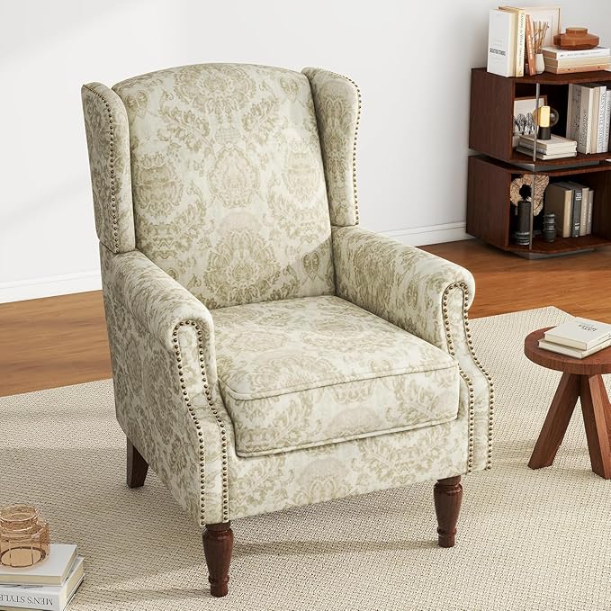 UIXE High Back Floral Accent Chair, Upholstered Armchair in Fabric for Living Room, Retro Wingback Arm Chair Comfy Single Sofa Bedroom Reading Seat with Solid Wood Legs, White-Ruum Studio Home