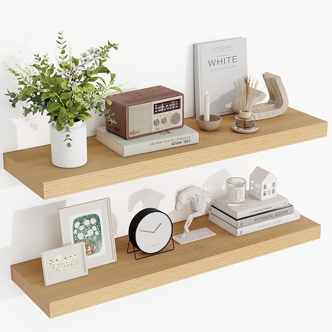 36 Inch Floating Shelves, 3D Textured Wood Grain, 36"x9.25"x1.5" Inch Deep Floating Shelves for Wall, Wooden Shelves for Bathroom, Bedroom, Living Room, Natural-Ruum Studio Home
