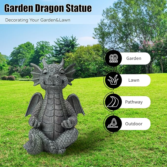 Garden Dragon Statue Decor - Meditation Dragon Sculpture Figurine Outdoor Decoration, Zen Yoga Garden Art Sculpture for Patio Lawn Yard Balcony Indoor Decor(Hands Flat)-Ruum Studio Home