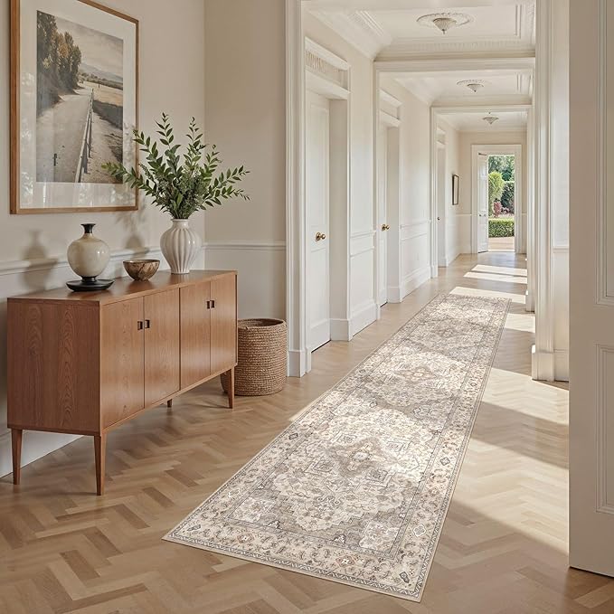 Washable 2.6x12 Runner Rug - Area Rugs Neutral Vintage Distressed Floral Farmhouse Boho Large Soft Floor Rug Indoor Carpet for Hallway Entryway Kitchen Home - Brown/Multi-Ruum Studio Home
