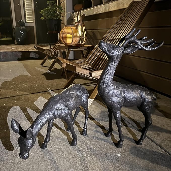 Elegant Pair of Cast Iron Deer Sculptures -22" and 11.4" Tall Male and Female Set for Outdoor Garden Decor, Realistic Animal Statues HC3672-5691-Ruum Studio Home