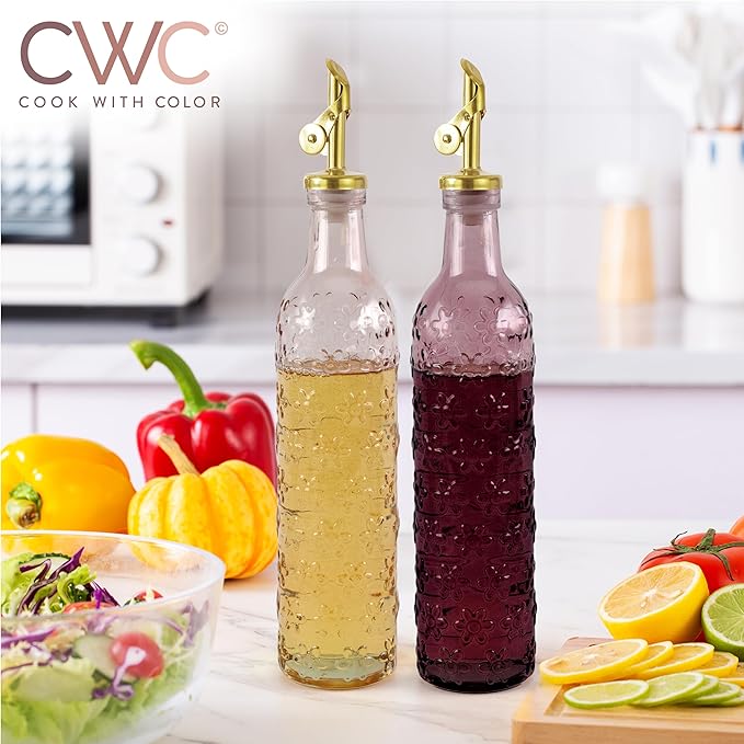 COOK WITH COLOR Glass Olive Oil Bottle Dispenser - 2 Pack- 17oz Oil and Vinegar Cruet - Olive Oil Carafe Decanter for Kitchen-Ruum Studio Home
