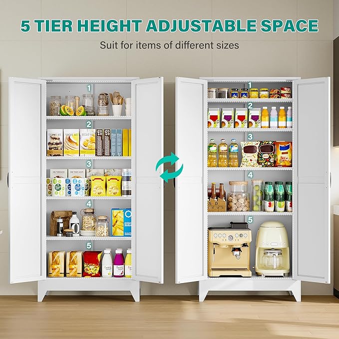 75" Tall Pantry Cabinet,Farmhouse Kitchen Pantry Storage Cabinets with 2 Doors and 5 Shelves,White Metal Storage Cabinet,Large Cupboard for Home,Kitchen,Dining/Living Room-Ruum Studio Home