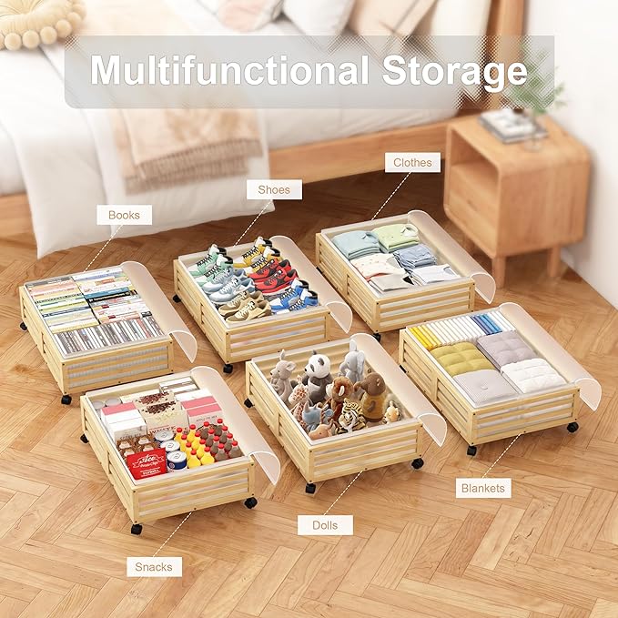 Under Bed Storage Containers With Wheels - 2 Pcs Bamboo Wood Rolling Underbed Shoe Storage Bins With Dust Bags for Clothes Blankets, Duvet Covers Snacks Toys (Natural)-Ruum Studio Home