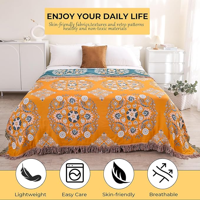 Boho Throw Blanket for Bed,100% Cotton Ultra Soft Lightweight Muslin 4-Layer Breathable Woven Throws 60''x 80'' Blanket Yellow Floral Printed Farmhouse Decor Bed Blankets-Ruum Studio Home