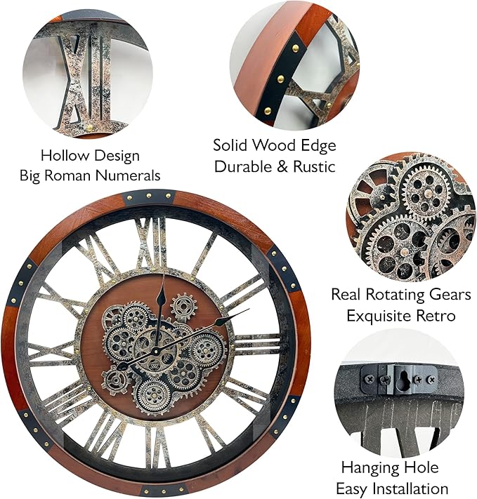 Large Wall Clock for Living Room Decor, 27 Inches Oversized Vintage Wood Decorative Steampunk Farmhouse Wall Clock for Rustic, Retro, Industrial,Kitchen,Office,Working Gears-Ruum Studio Home