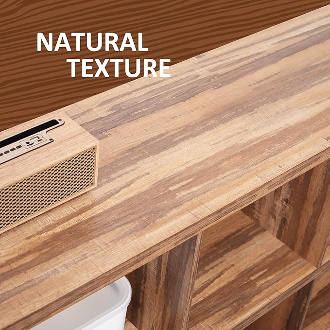 8 Cube Storage Organizer Bookshelf, Industrial Horizontal Bookcase, Accent Cubby Shelf, Media Console Table for Living Room, Home Office, 63 Inches, Light Oak-Ruum Studio Home