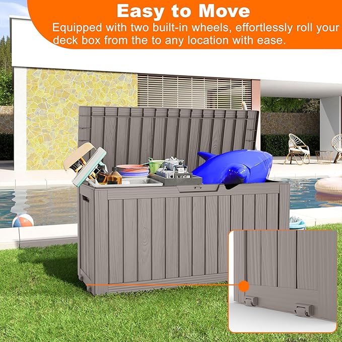 75 Gallon Resin Deck Box, Lockable Patio Outdoor Storage Box for Furniture, Garden Tools and Tools Storage, Waterproof Outside Storage Boxes - Grey-Ruum Studio Home