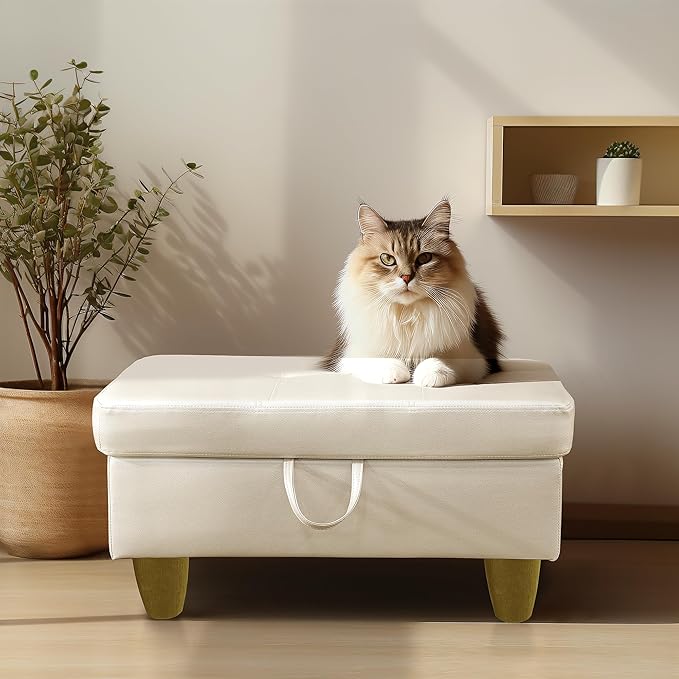 Ottoman Rectangular Storage Ottoman Bench, Faux Leather Footrest, Coffee Table, Stool Footstool with Hinged Lid for Living Room, Bedroom, Entryway, Pearl White, 28.5"x19"x17.5"-Ruum Studio Home