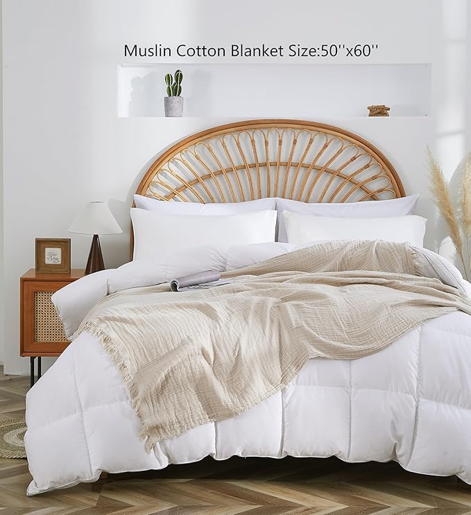 100% Cotton Muslin Throw Blanket for Bed, Couch, Small, Decorative, Soft, Pre-Washed, Breathable and Lightweight Gauze Blanket with Tassels, Suitable for All Seasons, Beige, 50"x60"-Ruum Studio Home