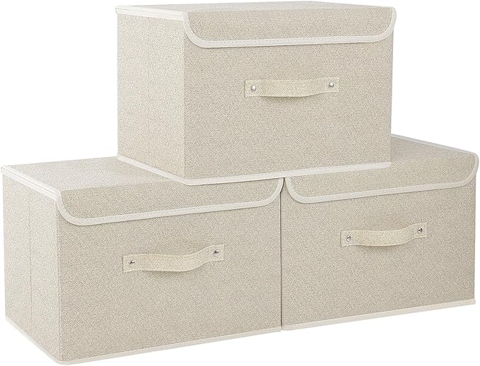 Fabric Storage Bins Cube Organizers with Flip-Top Lid and Handles,Storage Boxes for Organizing Home,Office,and Closet,Grey and Beige,3 Pack 15 x 9.8 x 9.8 in-Ruum Studio Home