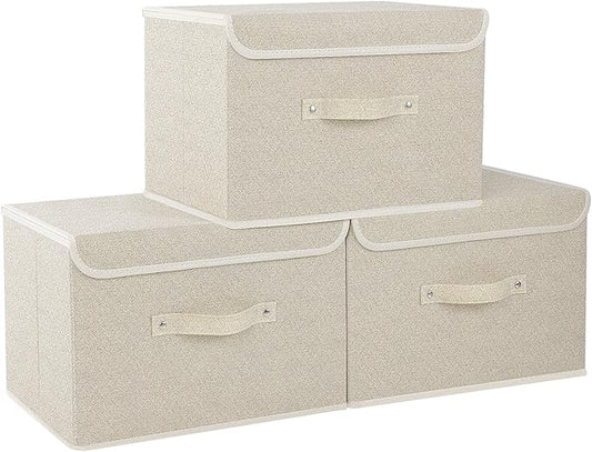 Fabric Storage Bins Cube Organizers with Flip-Top Lid and Handles,Storage Boxes for Organizing Home,Office,and Closet,Grey and Beige,3 Pack 15 x 9.8 x 9.8 in-Ruum Studio Home