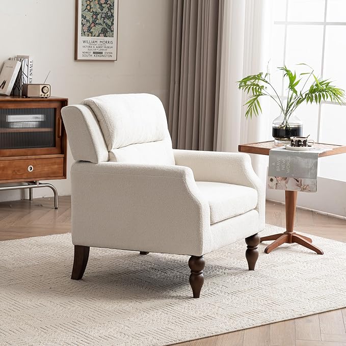 Kidol & Shellder White Oversized Accent Chair for Living Room Mid Century Modern Reading Chair with Back Wide Upholstered Comfy Single Sofa Chair for Bedroom Lounge Side Corner Chair Fabric Armchair-Ruum Studio Home