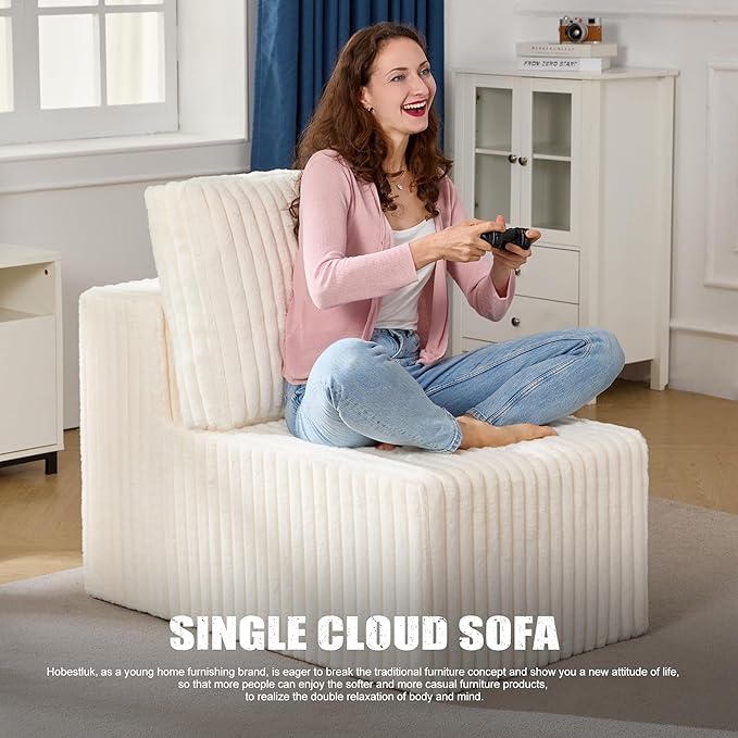 Single Sofa 1 Seat Couch with Deep Seat Memory Foam Cloud Chair with Pillows Large Sofa with L Shape for Living Room Bedroom (Strip White, Single)-Ruum Studio Home