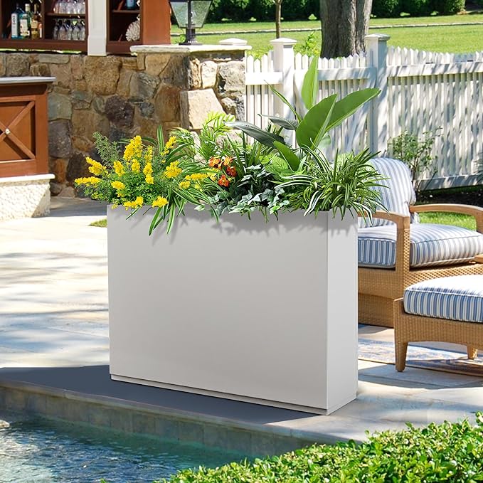 FENCY Metal Rectangular Planter Box Large Planters for Outdoor Plants, Tall Planters for Outdoor Plants with Drainage Holes, Rectangular Planters for Outdoor Plants (35.4" L x 9" W x 25.6" H,White)-Ruum Studio Home