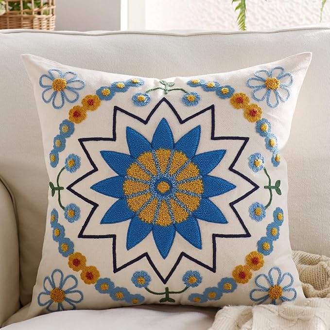 Embroidered Throw Pillow Cover 18x18 Classic Boho Floral Pattern Pillows Cover Outdoor Decorative Pillowcase,Durable Cozy Textured Cushion Case for Sofa Couch Bed Living Room,Blue Orange-Ruum Studio Home