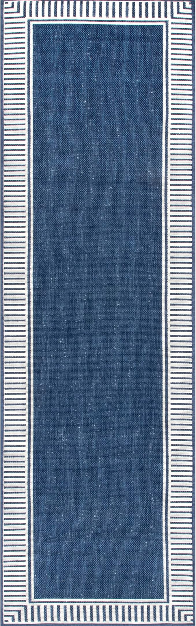 nuLOOM 2' x 8' Outdoor Area Rug, Casual Design With Striped Border, Stain Resistant, Highly Durable, For Patio, Balcony, Bedroom, Living Room, Dining Room, Bathroom, Navy-Ruum Studio Home