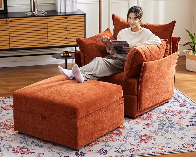 Oversized Accent Chair, Upholstered Modern Sofa Chair with Removable Backrest & Detachable Cover, 24.5" Deep Seat Large Reading Armchair for Living Room Bedroom - Chenille Terracotta Set of 2-Ruum Studio Home