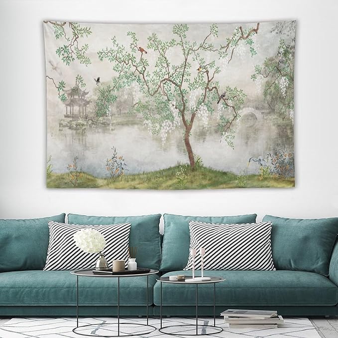 HZOHNAGO Japanese Tapestry Tree Misty Garden Lake Printed Wall Tapestry Ink Painting Wall Hanging for Bedroom Living Room Dorm 90" W x 60" H-Ruum Studio Home