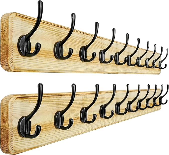 Dseap Coat Rack Wall: 38-1/4" Long, Patented, Heavy-Duty, 10-Double-Hooks Wooden Wall Mounted Coat Rack Coat Hanger Hook Rail for Winter Coats Hat Jacket Clothing, Light Brown, Pack of 2-Ruum Studio Home