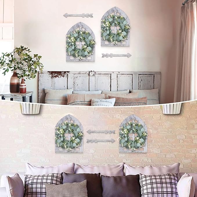 Rustic Wood Window Frame with Green Wreath and Arrows Wall Decor，Farmhouse Window Frame Hanging Decor, Wooden Fake Decoration,Window Pane Wall Decor,Set of 2 (windows white)-Ruum Studio Home