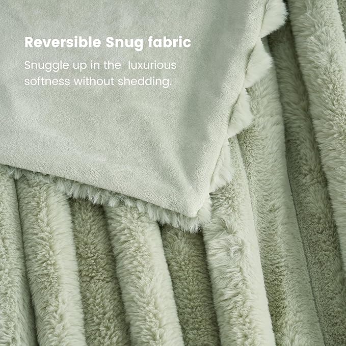 Cozy Bliss Faux Fur Throw Blanket for Couch, Cozy Warm Plush Striped Blanket for Sofa Bedroom Living Room, 60 * 80 Inches Sage Green-Ruum Studio Home