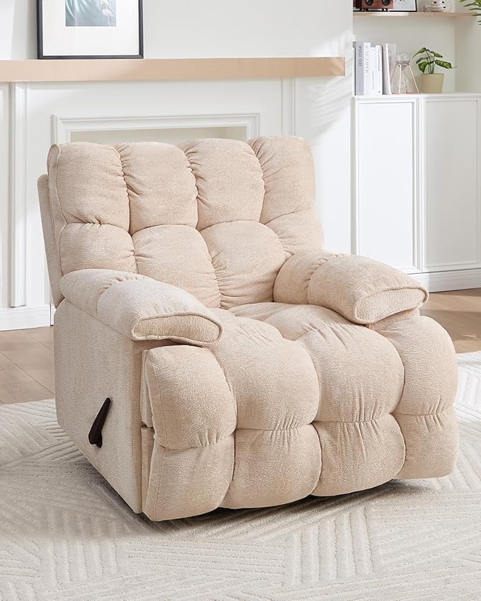 Oversized Recliner Chair Manual Swivel Rocker Recliner for Living Room Chenille Overstuffed Nursery Reclining Sofa Chair Rocking Recliners for Adults 400lbs (Manual, Beige)-Ruum Studio Home