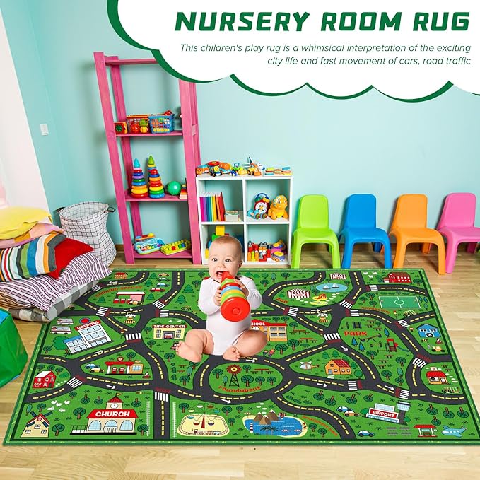 Kids Carpet Playmat Rug 5 x 7 ft Player Car Rug, City Life Traffic Road Map Mat Educational Game Area Mat for Toddler Children Playroom Classroom Bedroom(Green)-Ruum Studio Home