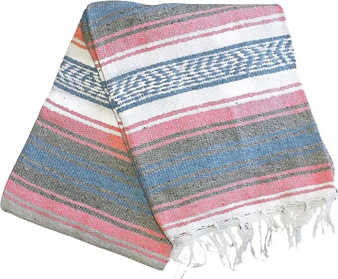 Del Mex Classic Mexican Blanket, Large Authentic Woven Falsa Throw (70"x50"), Artisan Southwest Décor for Beach, Yoga, Outdoors (Light Pink/Blue)-Ruum Studio Home