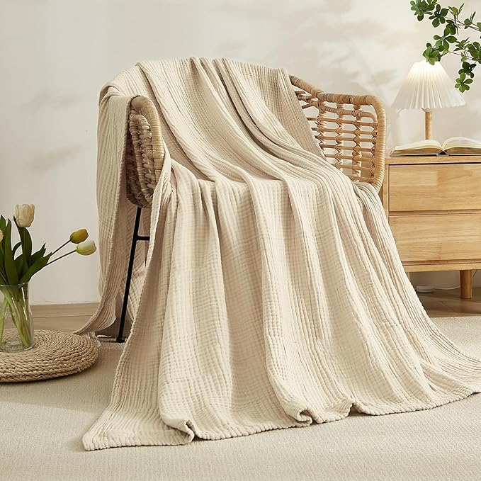 EMME Cotton Throw Blanket for Couch Soft Muslin Blankets 50"x60" Lightweight Breathable Blanket All Season Gauze Blanket, Light Tan-Ruum Studio Home