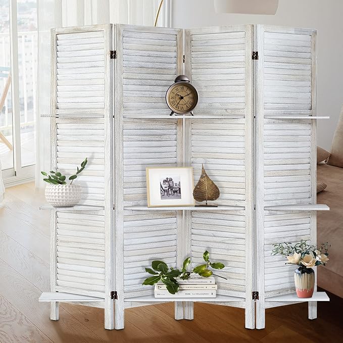 Room Divider with Shelves, Privacy Screen, Room Dividers and Folding Privacy Screens, 4 Panel Wood Temporary Wall Partition Separation Separator, Coconut-Ruum Studio Home