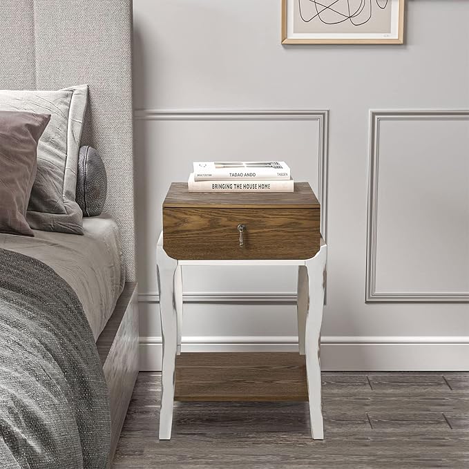 COSIEST Rustic Nightstand, 2-Tier Farmhouse Bedside Table, Wood Accent End Table with Storage Drawer and Open Display Shelf for Bedroom Nursery Living Room(Walnut)-Ruum Studio Home