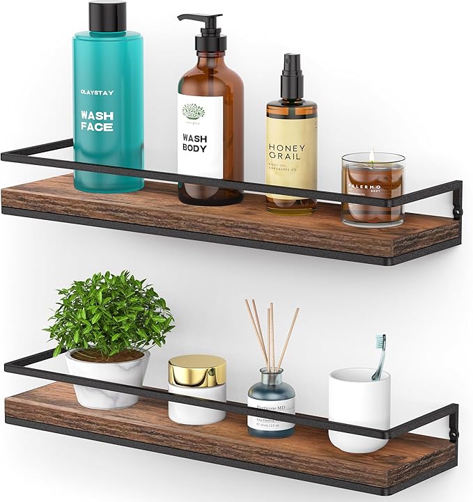 Meangood Floating Shelves Wall Mounted Set of 2, Rustic Wood Wall Storage Shelves for Bedroom,Living Room,Bathroom, Kitchen Rustic Brown-Ruum Studio Home