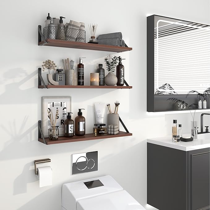 Heimlove Floating Shelves for Wall, 24 Inch Long Wood Floating Shelves Set of 3, Wall Mounted Hanging Shelf for Bathroom Bedroom Kitchen, Walnut-Ruum Studio Home