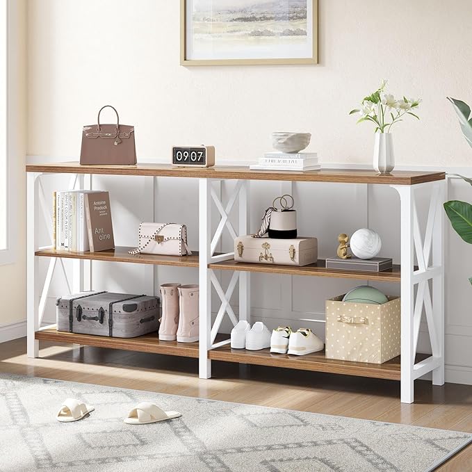 LVB Industrial Entryway Table, Farmhouse Rustic Console Table Behind Couch, Long Metal Sofa Table with Storage Shelf, Modern Hallway Table for Living Room Bedroom,White and Rustic Oak,63 inch-Ruum Studio Home