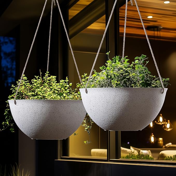 LA JOLIE MUSE Large Hanging Planters for Outdoor Plants - 13 Inch Hanging Flower Pots Set of 2, Speckled White-Ruum Studio Home