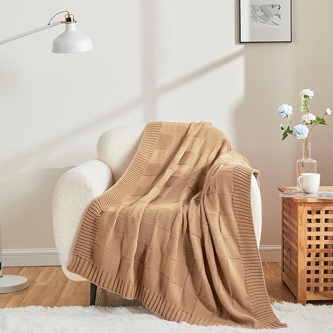 CozeCube Check Knit Throw Blanket, Beige Checkered Throw for Couch, Decorative Christmas Soft Cozy Warm Knitted Blanket for Bed Sofa Living Room, 60"X80"-Ruum Studio Home