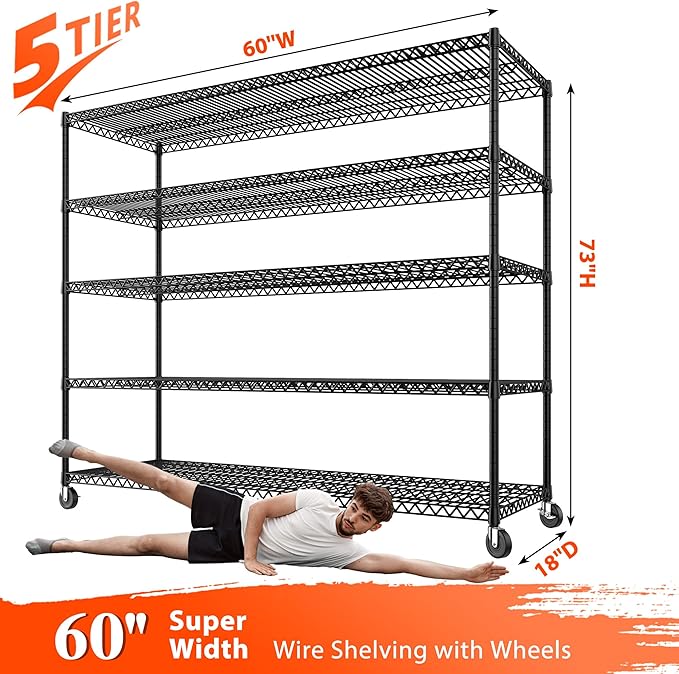 REIBII Storage Shelves 3200 LBS Capacity Wire Shelving with Wheels Heavy Duty Metal Shelf for Warehouses, Garage,Kitchens, School,Commercial Shelf, 73" H X 60" W X 18" D, 2 Pack-Ruum Studio Home
